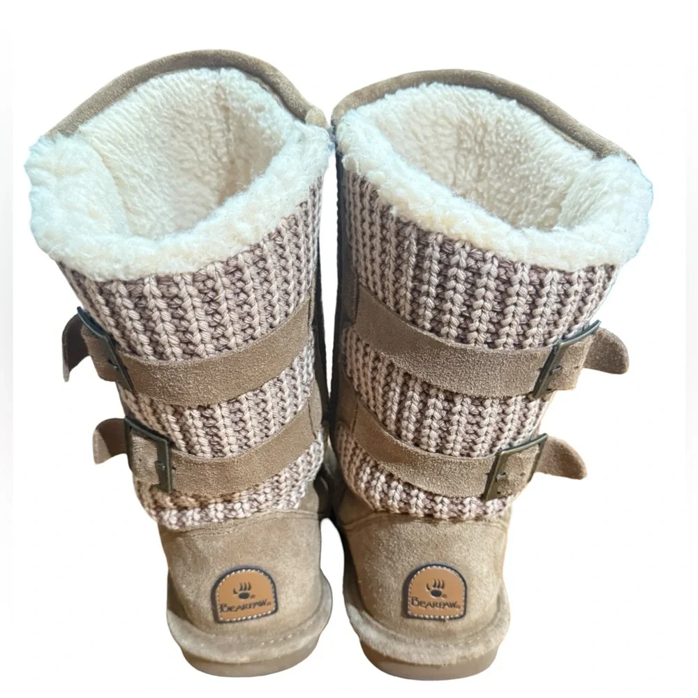 Bearpaw Boshie boots chestnut distressed suede knit back and buckle accents.